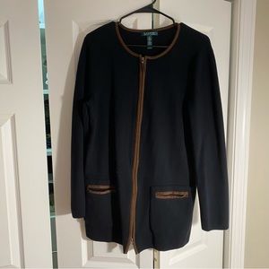Lauren by Ralph Lauren Long Blue Zip Front Sweater with Suede details - Size XL